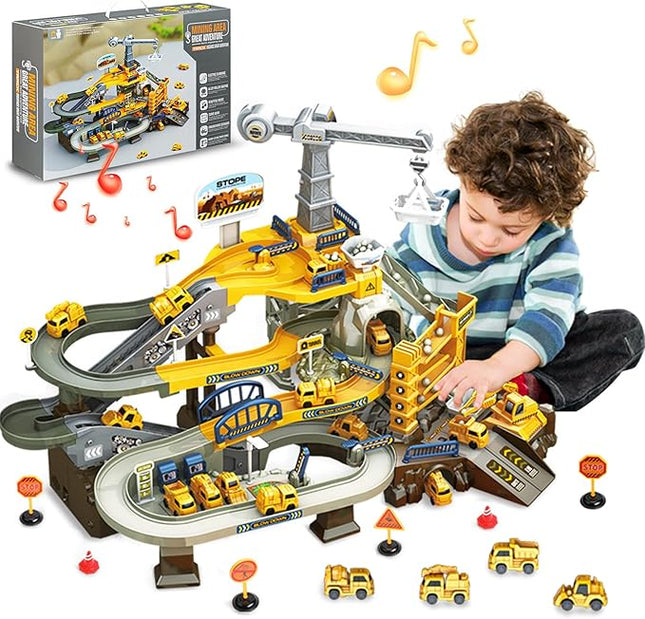 Toys for 3 Year Old Boys - SMIESSKIDDO 68 PCS STEM Construction Race Track Set with Music & Mining Scenes | Montessori Learning Gift for Toddlers Ages 3-6, Durable & Easy Build Car Tracks