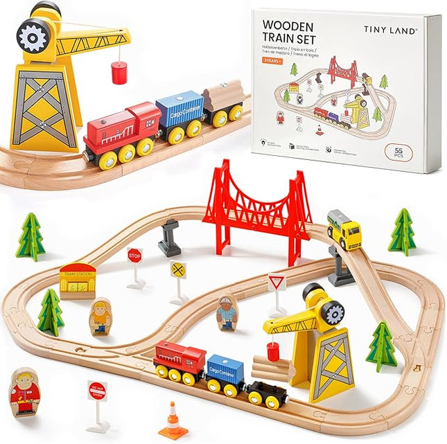 Tiny Land 55PCS Wooden Train Set - Compatible with Major Brand Tracks, Educational Toy for Toddlers & Kids Ages 3-7, Durable Wooden Railway Tracks