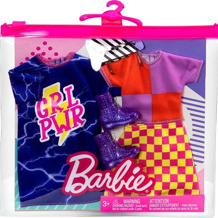 Barbie Fashions 2-Pack Clothing Set, 2 Outfits Doll Include Color-Blocked Shirt with Checkered Skirt, “GRL PWR” Dress & 2 Accessories
