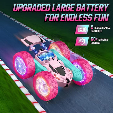 Pink Remote Control Car for Girls,Double Sided 360°Flip, with Headlights, Girl Princess Toys Rechargeable Toy Car for 6-7 6-8 9 10-12 Year Old Girls Birthday