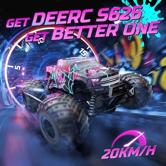 DEERC 1/16 Glowing Spider Remote Control Car - Fast RC Cars W/2 Rechargeable Batteries for 40 Min Play, All Terrain Off-Road Monster Truck Toys for Boys Kids Age 4-7 8-12 Birthday Xmas Gift