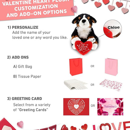 DolliBu I Love You Valentine Plush Bernese Dog - Cute Stuffed Animal with Red Heart and Name Personalization Gift for Valentines Day, Birthday, Anniversary, Romantic Date - 7 Inches