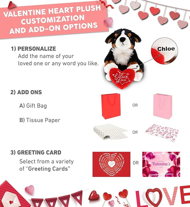 DolliBu I Love You Valentine Plush Bernese Dog - Cute Stuffed Animal with Red Heart and Name Personalization Gift for Valentines Day, Birthday, Anniversary, Romantic Date - 7 Inches