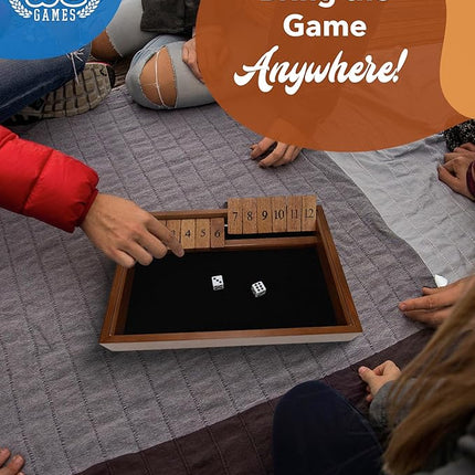 WE Games Wooden Shut The Box - Close The Box Set with 12 Number Tiles & 2 Dice Games - 13.5” Walnut Stained Finish