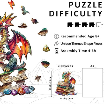 Wooden Puzzles for Adults - Reading Dragon Wood Puzzles Adult - Unique Animal Shape Wooden Jigsaw Puzzles for Adults - Birthday Gifts for Puzzle Lovers, Family (11.4 * 11.4in)