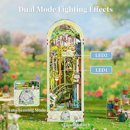 Tonecheer DIY Book Nook Kit for Adults, 3D Puzzle Wooden Miniature House Kit, Booknook Dollhouse Bookshelf Insert Decor Bookend with Dust Cover and LED Lights Gifts (Giverny Garden)