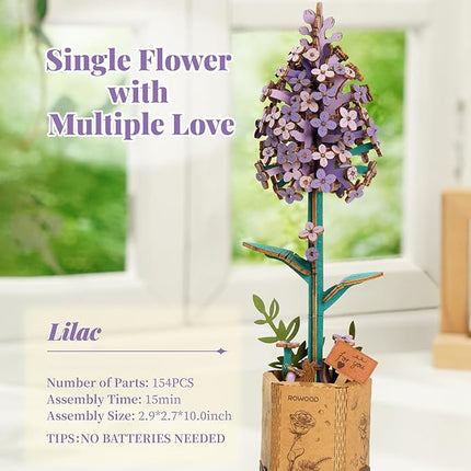 rowood 3D Puzzles for Adults,Wooden Artifical Flower Craft Kit,DIY Botanical Collection Building Toy Set,Mother's Day/Valentine's Day/Thanksgiving Day/Christmas/Birthday Gift -Lilac