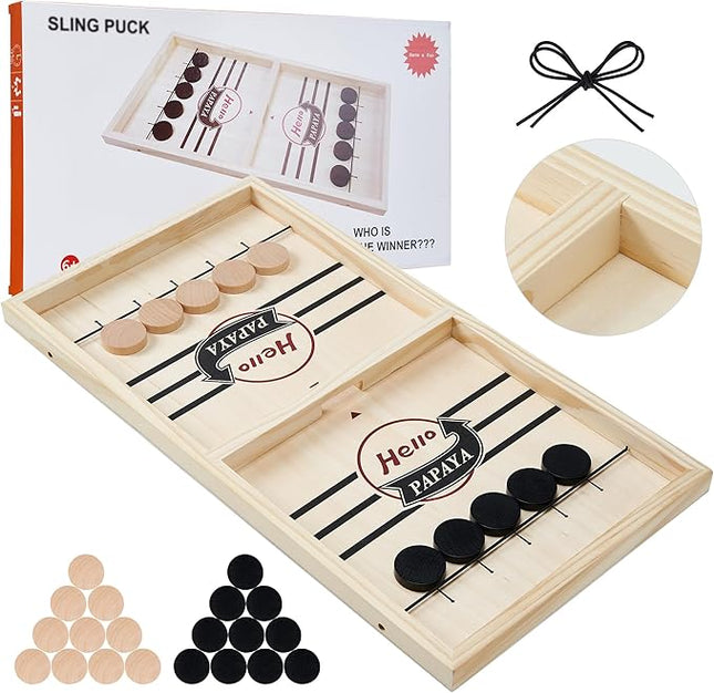 Fast Sling Puck Game - Test Your Speed and Accuracy with This Fast-Paced Wooden Air Hockey Desktop Battle Board Game - Guaranteed Fun Gifts for Family Night or Friends Party