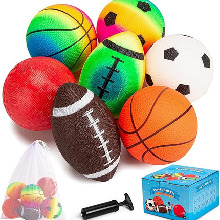 Balls for Toddlers Kids - 7 Pack 5" Small Playground Balls Soft Rubber - Indoor Outdoor Toddler Toys - 2 Footballs, 2 Basketballs, 2 Soccer Balls 1 Kickball -Birthday Gift Boys Girls 1-3 3-5