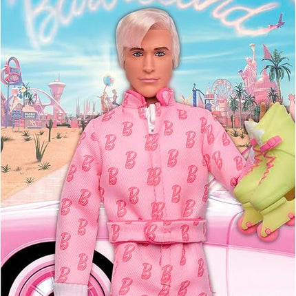 Barbie The Movie Ken Collectible Doll, Ryan Gosling as Ken Wearing Pink Jumpsuit with “B” Detail with White Sneakers and Multicolor Roller Skates