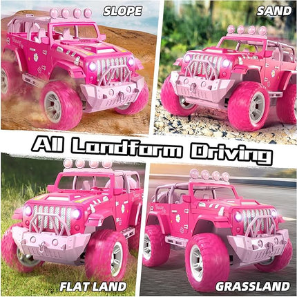 Pink Remote Control Car for Girls 4-7, 2.4GHz Off-Road RC Jeep with Spray, Climbing Toy for Girls Aged 3-4 5-6 7-8 9-10, Remote Control Vehicle Gift for Birthday Christmas Toys