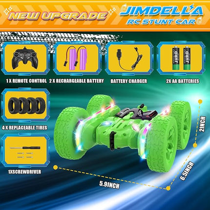 Remote Control Car,RC Cars with sides light strip and Headlights,Double Sided 360 Flips Rotating RC Stunt Car,2.4Ghz All Terrain Toys for Ages 4-6 Kids Toy for Boys Girls Birthday Gift(Green)