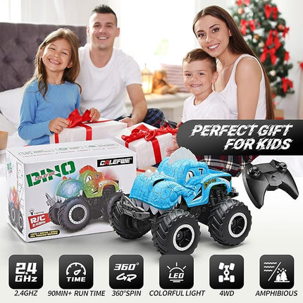 Amphibious Monster Truck Toys, 1:20 Waterproof Dinosaur Monster Trucks for Boys Age 4-7, 2.4GHz All Terrain RC Cars with 2 Batteries, 360° Rotating Stunt RC Car Toy Birthday Gift for Kids 3-5