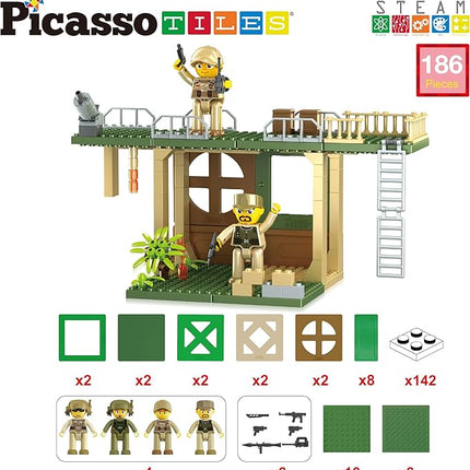 PicassoTiles Magnet Tile Building Brick Blocks Military Combat Force Theme Magnetic Tiles Construction Block Playset 4 Character Action Figures with Weapons Interlocking Bricks STEM Toy Ages 3+ PTL18