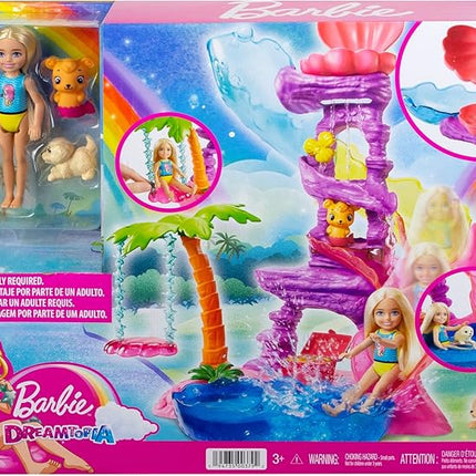 Barbie Dreamtopia Chelsea Water Lagoon Playset with Chelsea Doll (6 in Blonde), 2 Pets, Slide, Pool & Swing, Gift for 3 to 7 Year Olds