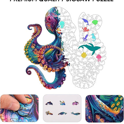Wooden Puzzles for Adults, Octopus Ocean Jigsaw Puzzles 200 Pieces Unique Animal Adult Puzzles, Irregular Wood Puzzles Creative Gift for Adults and Kids Family Game (11.2x11.2 in)