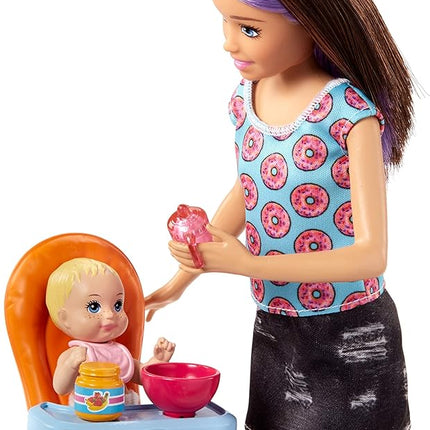 Barbie Babysitting Playset with Skipper Friend Doll, Color-Change Baby Doll, High Chair, Crib and Themed Accessories for 3 to 7 Year Olds