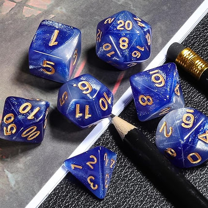 CiaraQ DND Polyhedral Dice Set for Dungeons and Dragons RPG MTG Role Playing Table Games with Dice Pouch (Blue+White+Glitter)