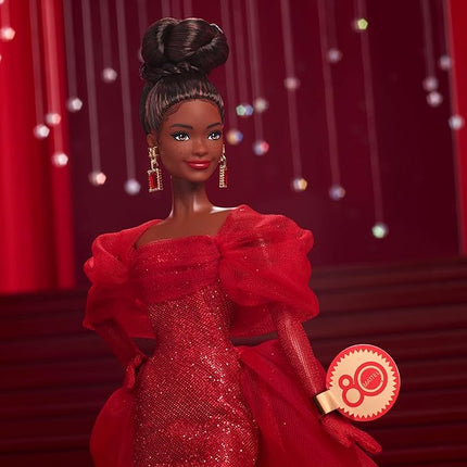 Barbie Signature Doll, Mattel 80th Anniversary Collectible in Glittery Red Tulle Gown with Drop Earrings and Sheer Gloves, Brunette