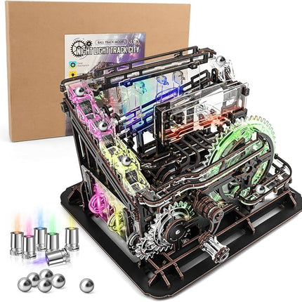 3D Wooden Puzzle Marble Run with LED Lights, Wooden Model Building Kits for Adults, Wood Mechanical Puzzle Building Set, Office Desk Decor Gift for Men Adults (312 PCS)