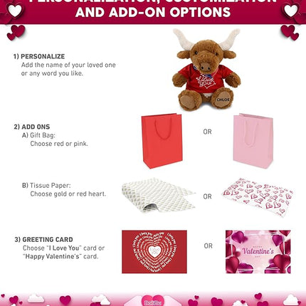 DolliBu I Love You Valentine Texas Longhorn - Cute Stuffed Animal with Red Shirt and Name Personalization Gift for Valentines Day, Birthday, Anniversary, Romantic Date - 9 Inches