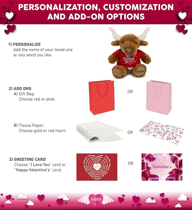 DolliBu I Love You Valentine Texas Longhorn - Cute Stuffed Animal with Red Shirt and Name Personalization Gift for Valentines Day, Birthday, Anniversary, Romantic Date - 9 Inches