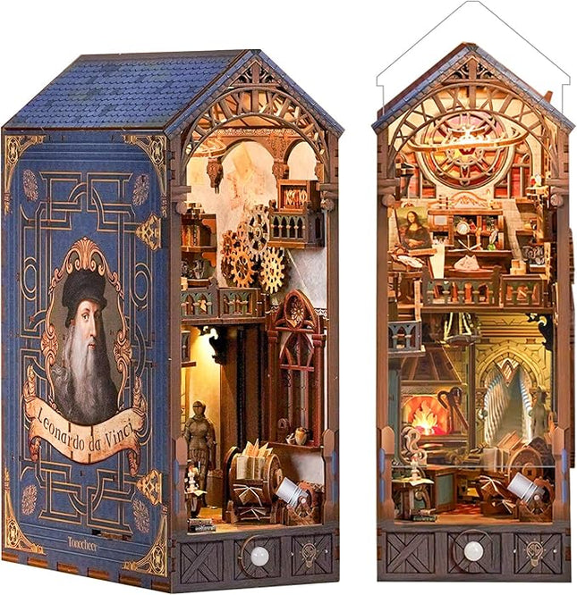 Tonecheer DIY Book Nook Kit for Adults, 3D Puzzle Wooden Miniature House Kit, Booknook Dollhouse Bookshelf Insert Decor Bookend with Dust Cover and LED Lights Gifts (Leonardo da Vinci)