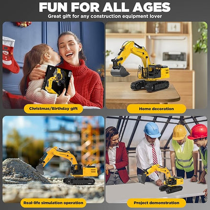 1:18 Remote Control Excavator Construction Toys for Boys, [2025 Upgraded] 2.4GHz RC Excavator Toy with Metal Shovel for Boys 6+ Kids Birthday, Dual Batteries/100+Mins/Spray/Sound/Light/11-Channel