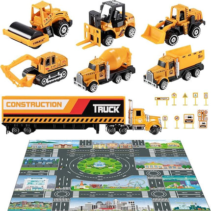 TEMI Diecast Engineering Construction Vehicle Toy Set w/Play Mat,Truck Carrier, Forklift, Bulldozer, Excavator,Dump Truck, Alloy Metal Car Toys Set for 3 4 5 6 Years Old Toddlers Kids Boys & Girls