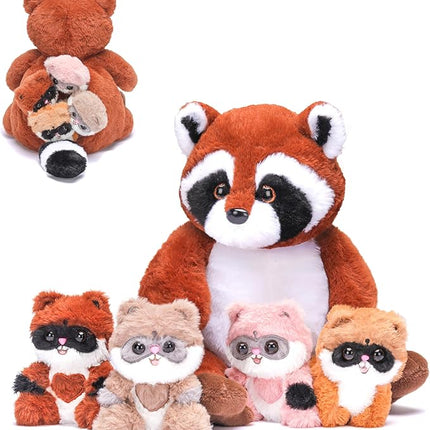 IKASA Mommy Raccoon Stuffed Animal Mom and Baby Plush Toy, Cute 12.5" Soft Mama Family Set with Little Mini Babies,Gifts for Kids