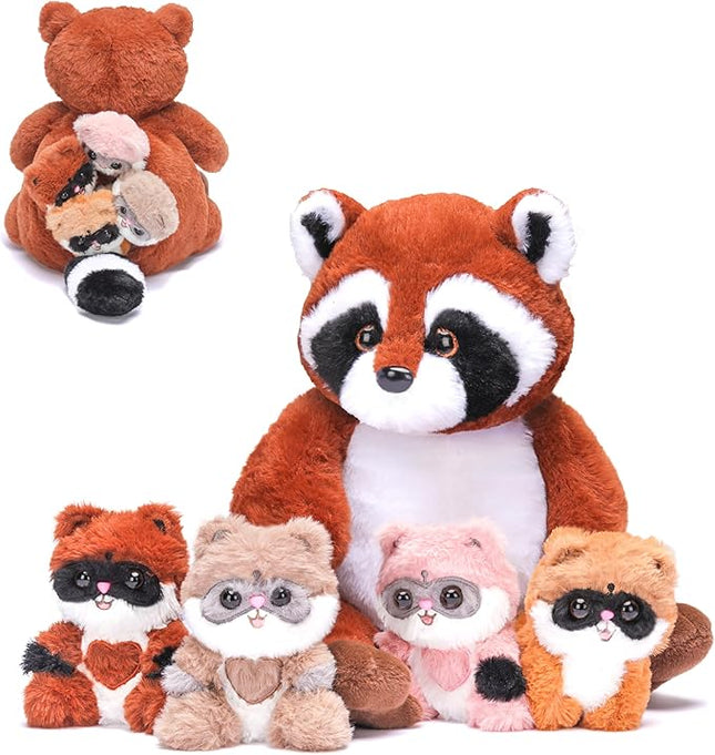 IKASA Mommy Raccoon Stuffed Animal Mom and Baby Plush Toy, Cute 12.5" Soft Mama Family Set with Little Mini Babies,Gifts for Kids