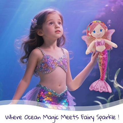 June Garden 16" Selina Pearl Mermaid Fairy Doll – Soft Plush Doll with Shimmery Wings & Sparkly Tail – Huggable Stuffed Toy Gift for Girls Age 18 Months and Up