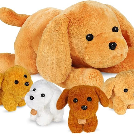 KMUYSL Puppy Stuffed Animals Toys for Ages 0 1 2 3 4 5 6 7 8+ Years Old Kids - Mommy Dog with 4 Baby Puppies in Her Tummy, Idea Xmas Birthday Gifts for Baby, Toddler, Girls, Boys