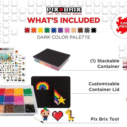 Pix Brix Pixel Art kit Puzzle Bricks - 3,000 Piece Pixel Art Container, 12 Color Dark Palette - Interlocking Building Bricks, Create 2D and 3D Builds Without Water or Glue - Stem Toys, Ages 6 Plus
