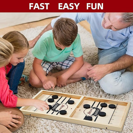 Foldable Fast Sling Puck Game with Chess Board and Checkers Board, Tic Tac Toe. Wooden Air Hockey Family Night,Table Games Gifts for Adults and Kids