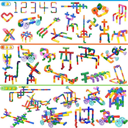 FUBAODA STEM Learning Pipe Tube Toys, Tube Locks Construction Building Blocks 96 Pcs - Multicolor Educational Building Blocks Set with Wheels& Spouts & Joints for Kids Ages 3+