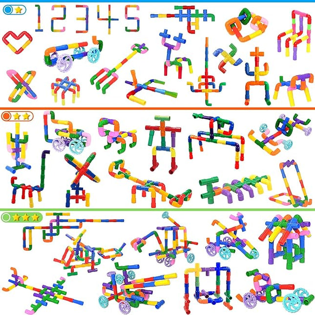 FUBAODA STEM Learning Pipe Tube Toys, Tube Locks Construction Building Blocks 96 Pcs - Multicolor Educational Building Blocks Set with Wheels& Spouts & Joints for Kids Ages 3+