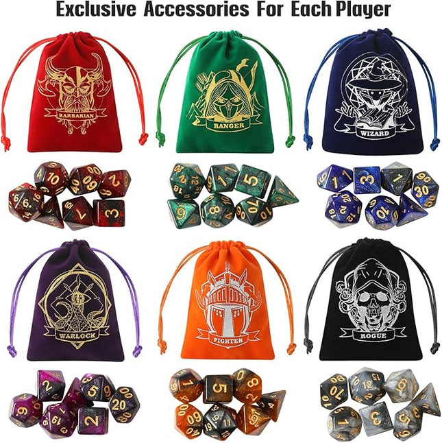 Grajar D&D Dice Set with Characters Pattern Dice Pouches, 42 Pcs polyhedral dice Set, PU Leather and Velvet dice Tray for Dungeons and Dragons D&D RPG MTG Table Games Starry Sky