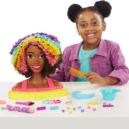 Barbie Totally Hair Styling Doll Head & 20+ Accessories, Color Reveal & Color-Change Pieces, Curly Brown Neon Rainbow Hair