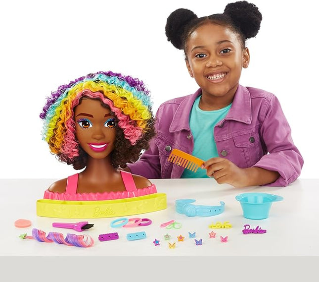 Barbie Totally Hair Styling Doll Head & 20+ Accessories, Color Reveal & Color-Change Pieces, Curly Brown Neon Rainbow Hair