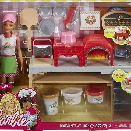 Barbie Careers Playset, Blonde Pizza Chef Doll with Toy Oven & Counter with Sliding Conveyer Belt, Molds, 3 Dough Colors & Accessories