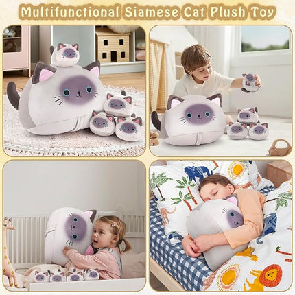 5 PCS Siamese Cat Plush Stuffed Animal Family-19" Soft Siamese Cat Plush, Large Mommy Plushies with 4 Baby Kittens Plushies for Kids, Kawaii Plush Toy Christmas Birthday Gifts for Kids Boys Girls