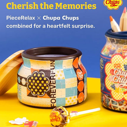 Chupa Chups X PieceRelax 3D Puzzle Jar 64 Plastic Pieces for Adults - Timeless Memories - Retro Fun S Wooden Lid Container for Kitchen Dining Study Living Room No Glue Requied Small [BC1024]