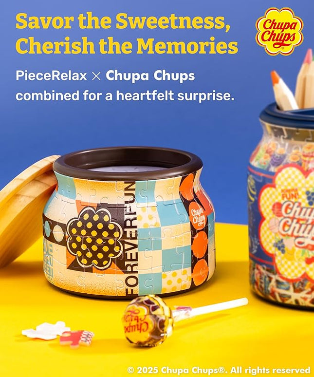 Chupa Chups X PieceRelax 3D Puzzle Jar 64 Plastic Pieces for Adults - Timeless Memories - Retro Fun S Wooden Lid Container for Kitchen Dining Study Living Room No Glue Requied Small [BC1024]