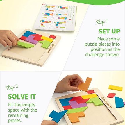 Coogam Wooden Puzzle Blocks Geometric Tangram Brain Teasers Jigsaw 3D Logic IQ Game Colorful Shape Pattern Montessori STEM Educational Toys Gift 60 Challenges for All Age