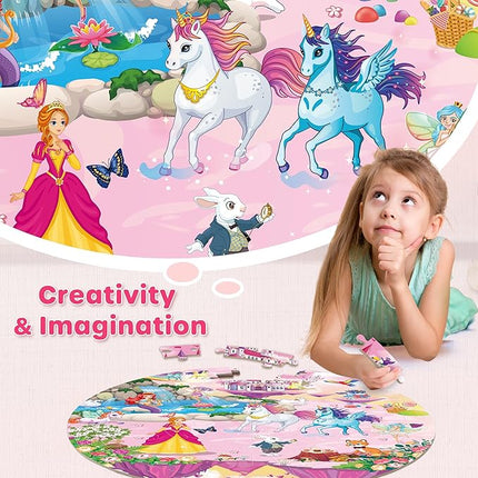 SYNARRY Unicorn Princess Mermaid Fairy Floor Puzzle for Kids Ages 3-5, Large 70 Piece Wooden Puzzle for Kids Ages 4-6, Preschool Toys Gifts for 3 4 5 6 7 8 Years Old Boys Girls Children