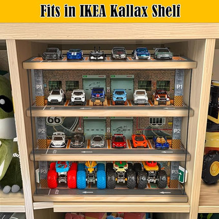 Storage for Hot Wheels: Toy Car Parking Garage Diorama with Lights - Freestanding Display Case for 1/64 Scale Diecast Cars with 4 Levels 24 Spots Maximum 40 Cars