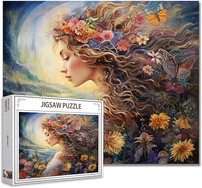 Fashion Girl with Flowers Puzzles 1000 Pieces for Adults, Families (Female,Tropical Plants,Butterfly) Pieces Fit Together Perfectly 19.7''x27.6''inch Garden Wilflowers Magic Puzzle Art（Colorful）