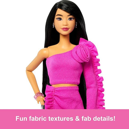 Barbie Deluxe Style Doll #2 in Barbiecore Outfit, Black Hair and Glittery Prosthetic Leg, Pink Top and Skirt Set with Rosette Detail and Accessories