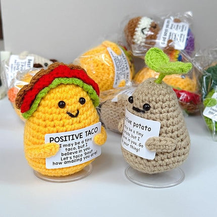 Mini Positive Cute Funny Life Potato and Taco Crochet Emotional Support Crochet Knitted Holding Card Crochet Birthday Christmas Girls Gifts Party Office Desk Decor